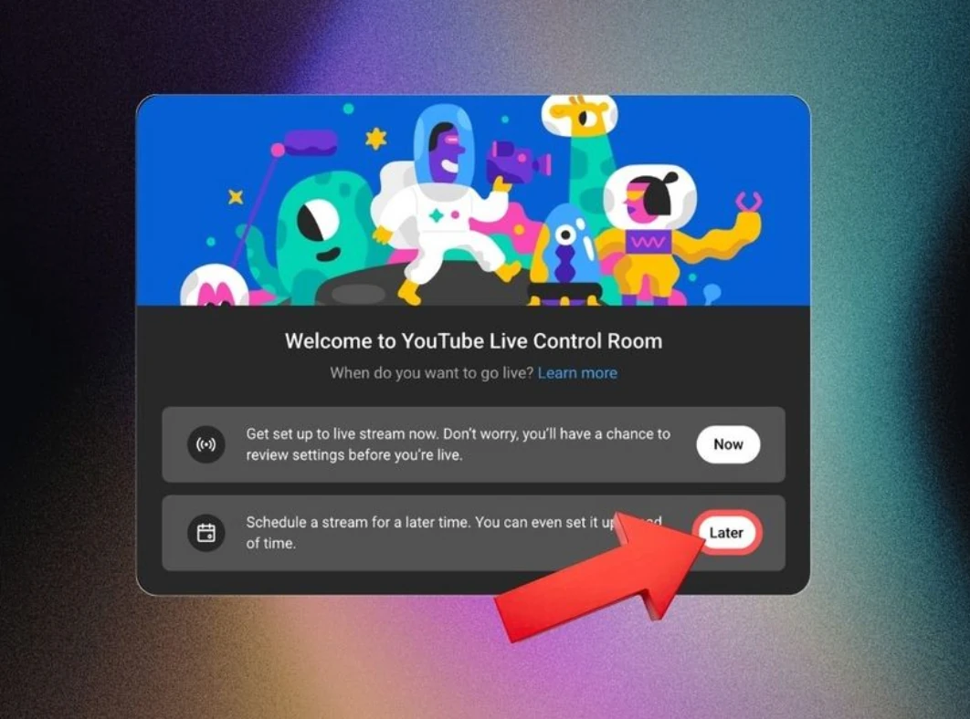 YouTube Live Control Room showing the option to schedule a pre-recorded live stream for later