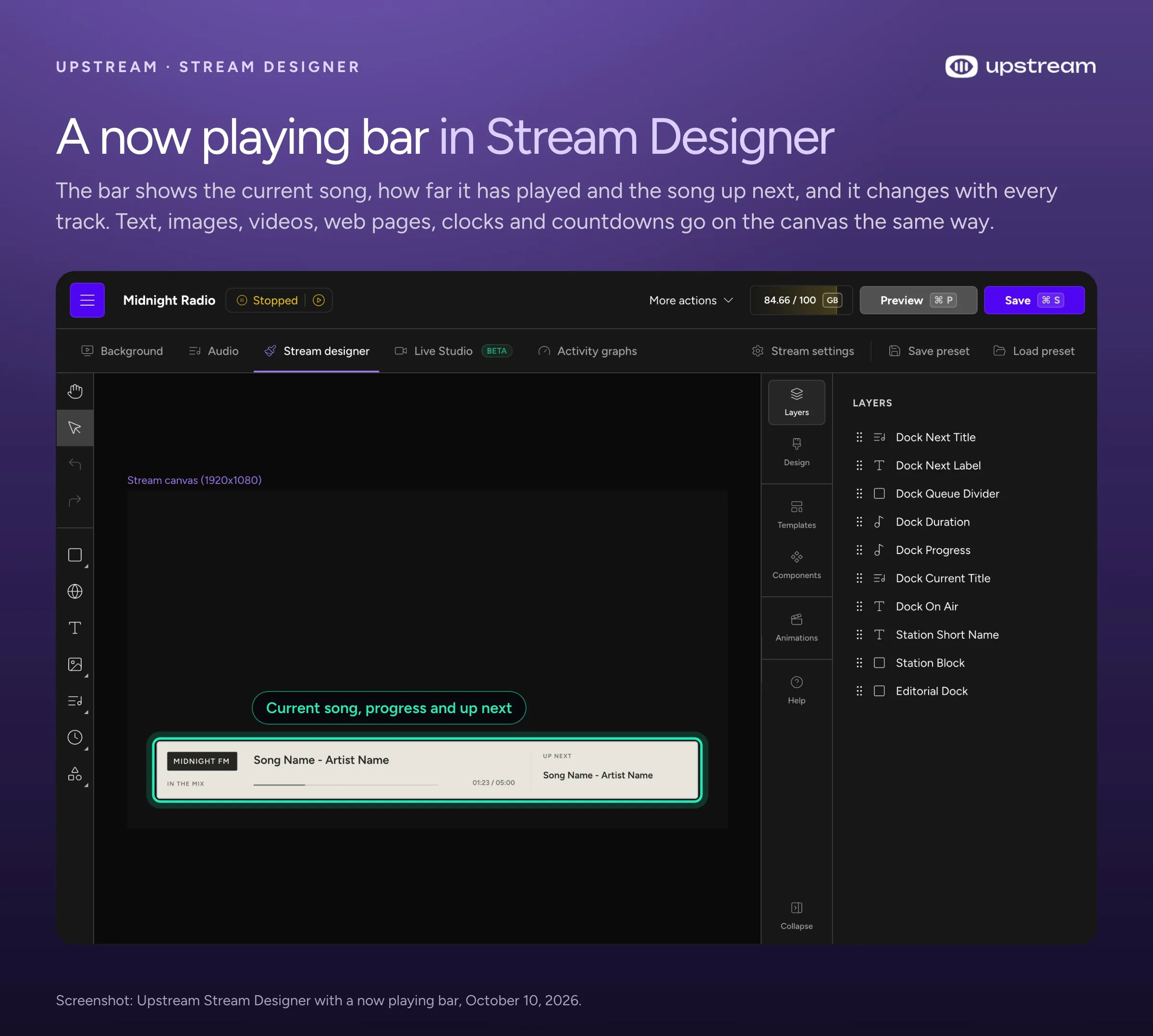 Upstream's Stream Designer with a now playing bar on the stream canvas that shows the current song, its progress and the next song.