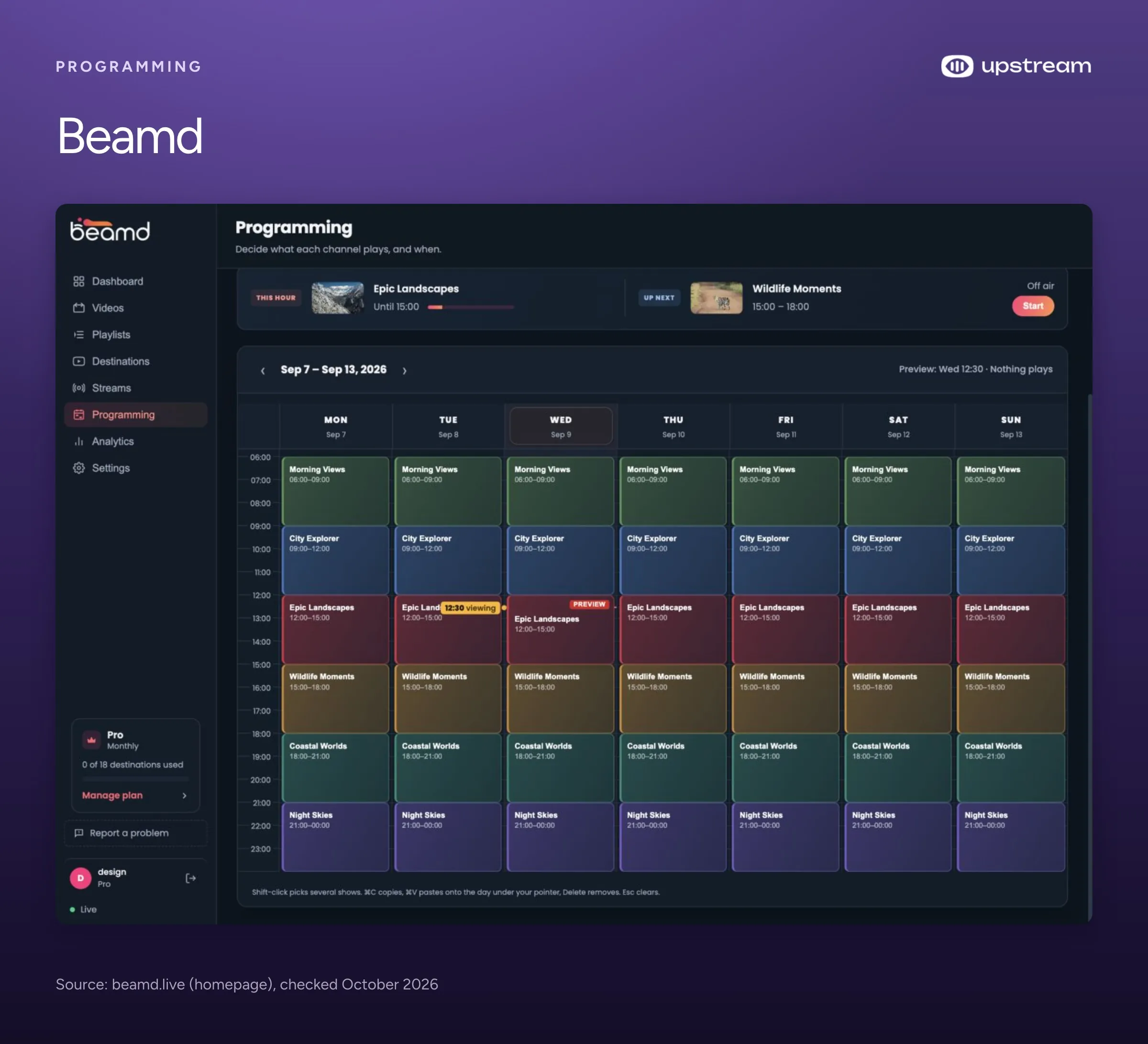 Beamd's Programming page with a weekly grid of shows by time slot, and the current and next show above it.