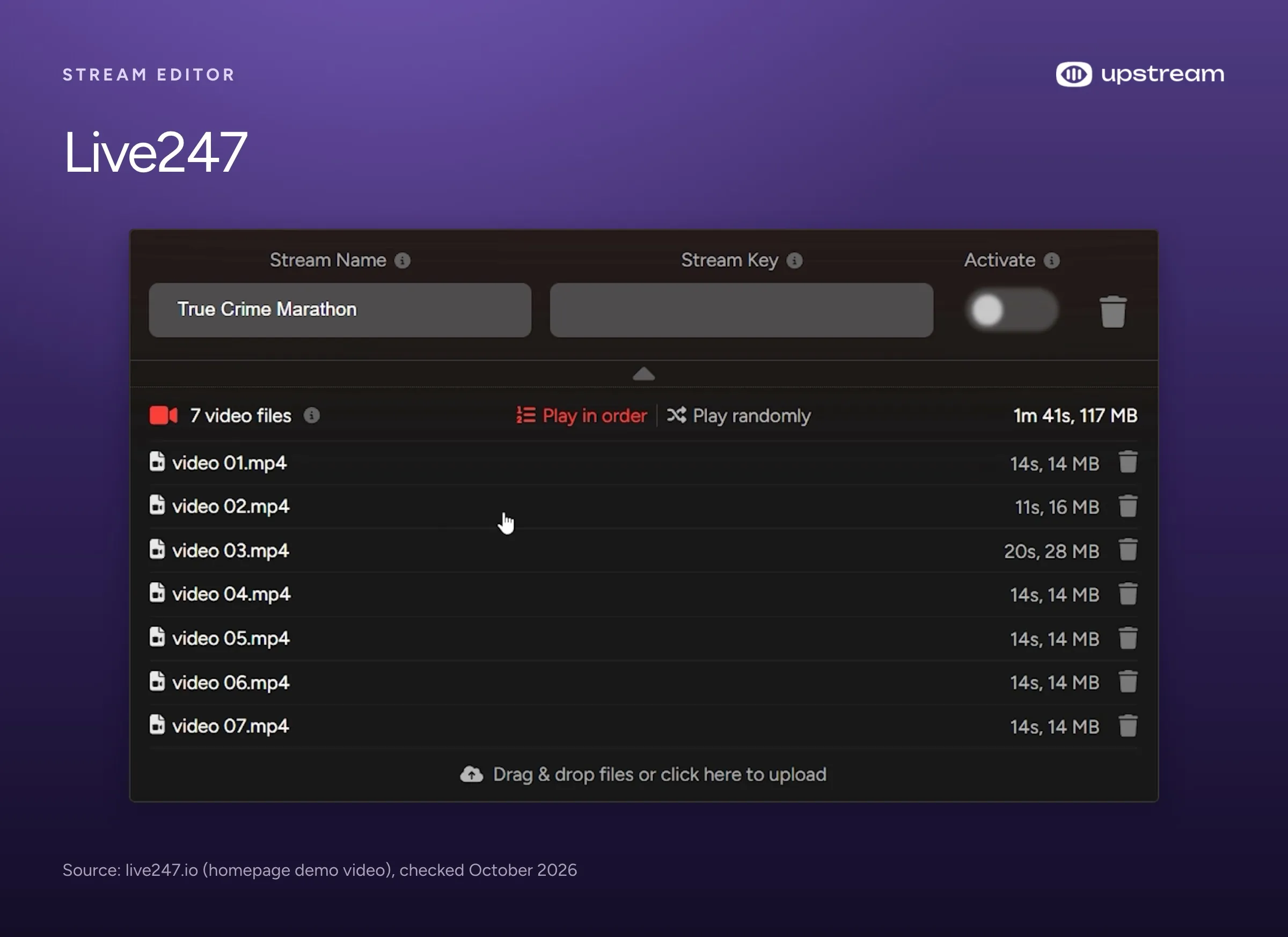 Live247's stream editor with a seven video playlist, Play in order or Play randomly, and the stream key and Activate switch.