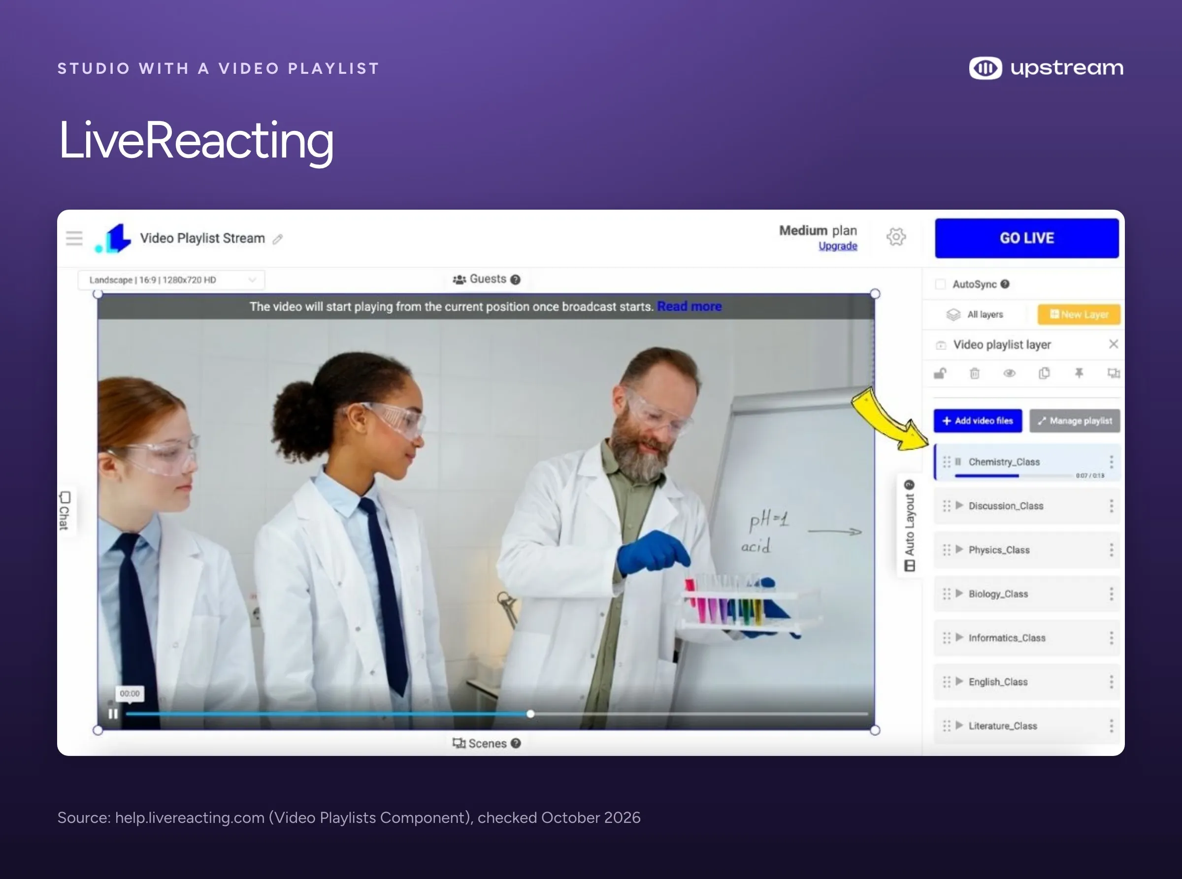 LiveReacting's browser studio with a video playlist layer: seven videos queued on the right and the current one on the canvas.