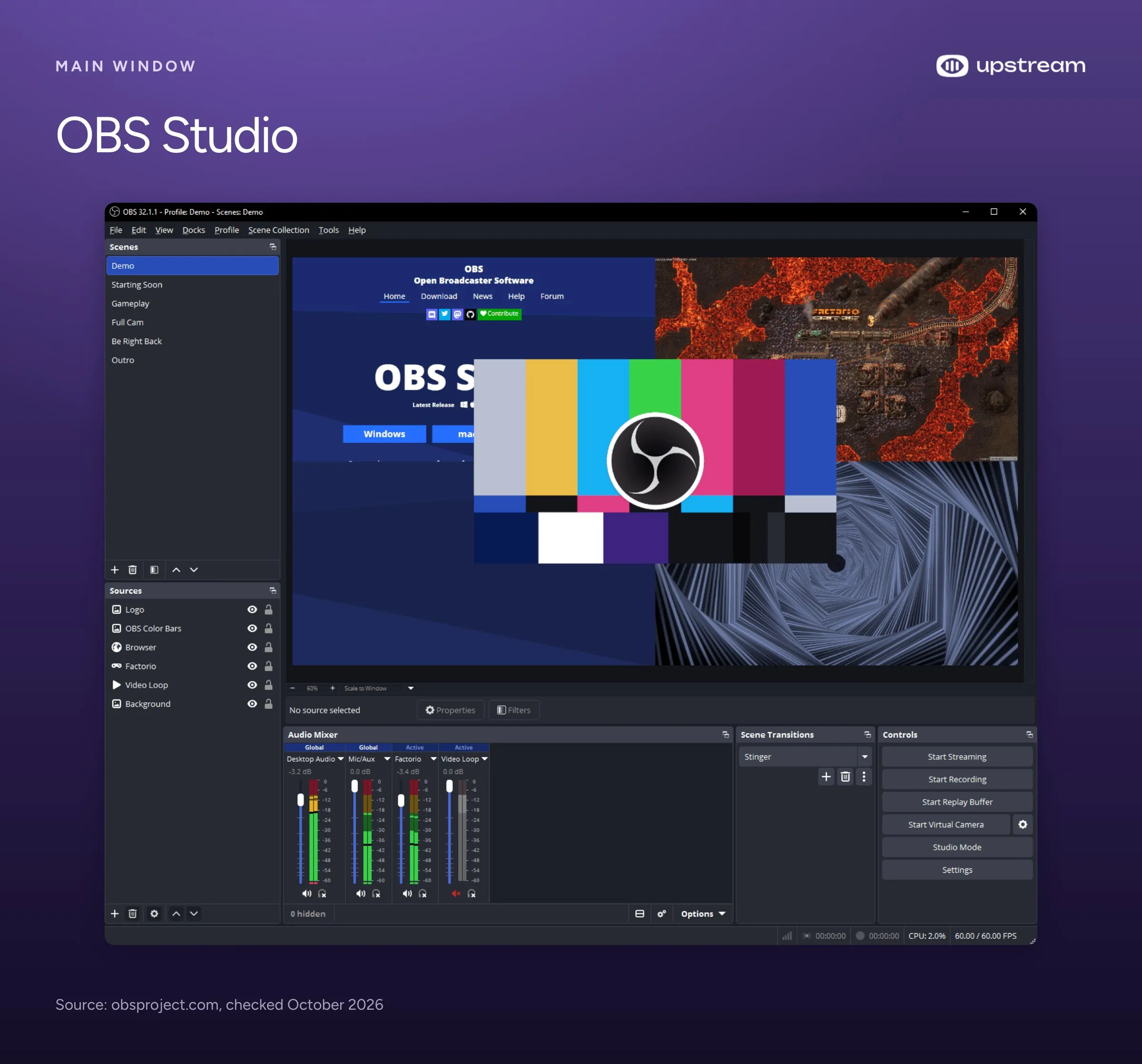 OBS Studio's main window with scenes, sources including a Video Loop, the audio mixer and the Start Streaming button.