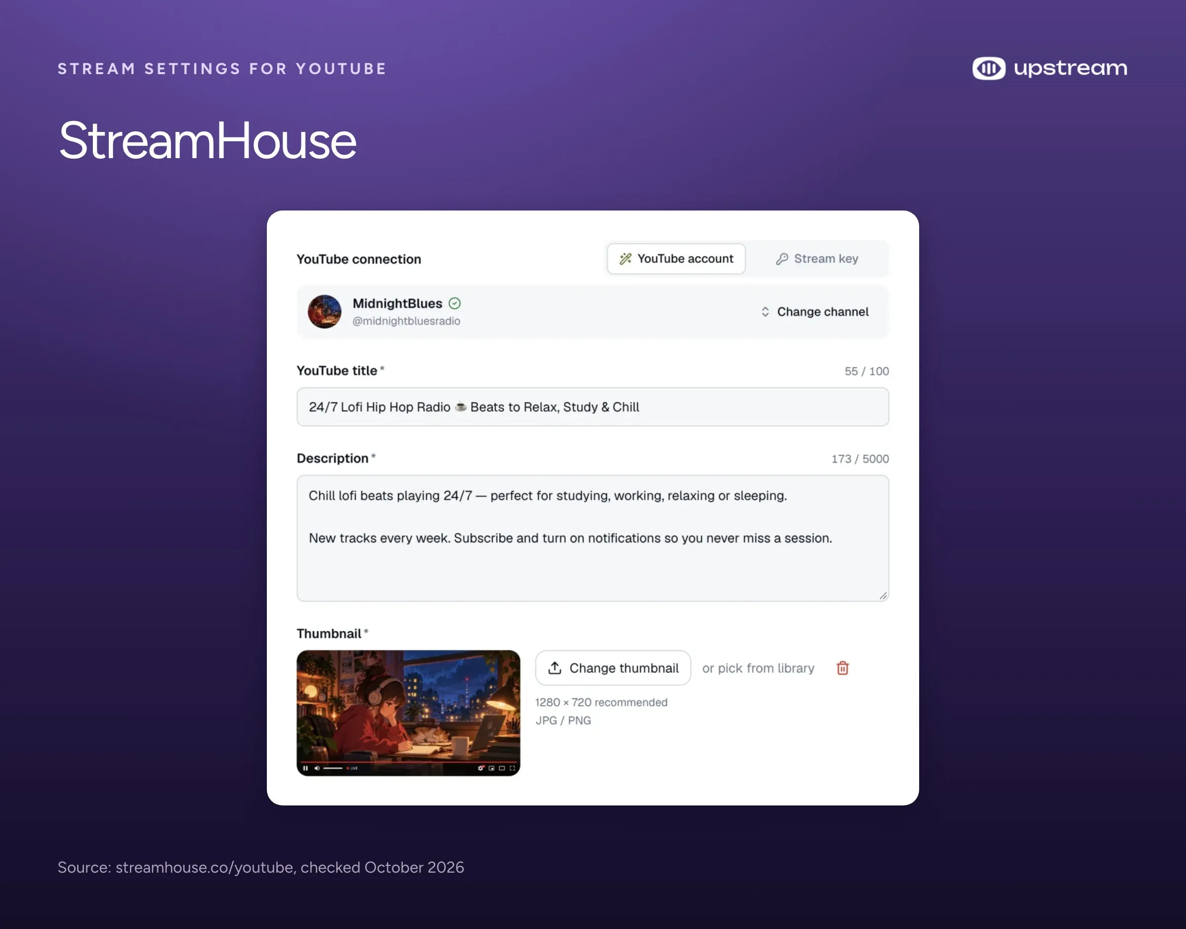 StreamHouse stream settings with a YouTube channel connected and fields for the YouTube title, description and thumbnail.