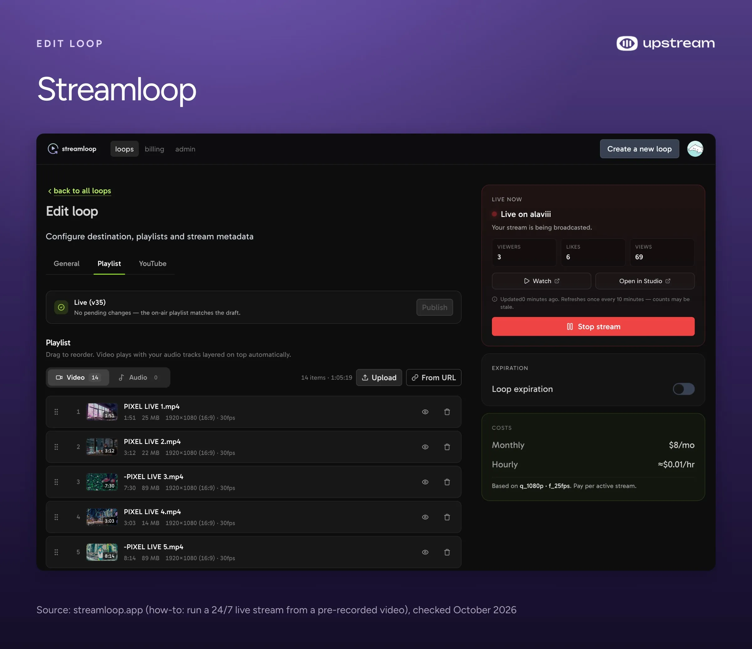 Streamloop's Edit loop page with a video playlist, Video and Audio tabs, a Live now panel with a Stop stream button and a cost panel.