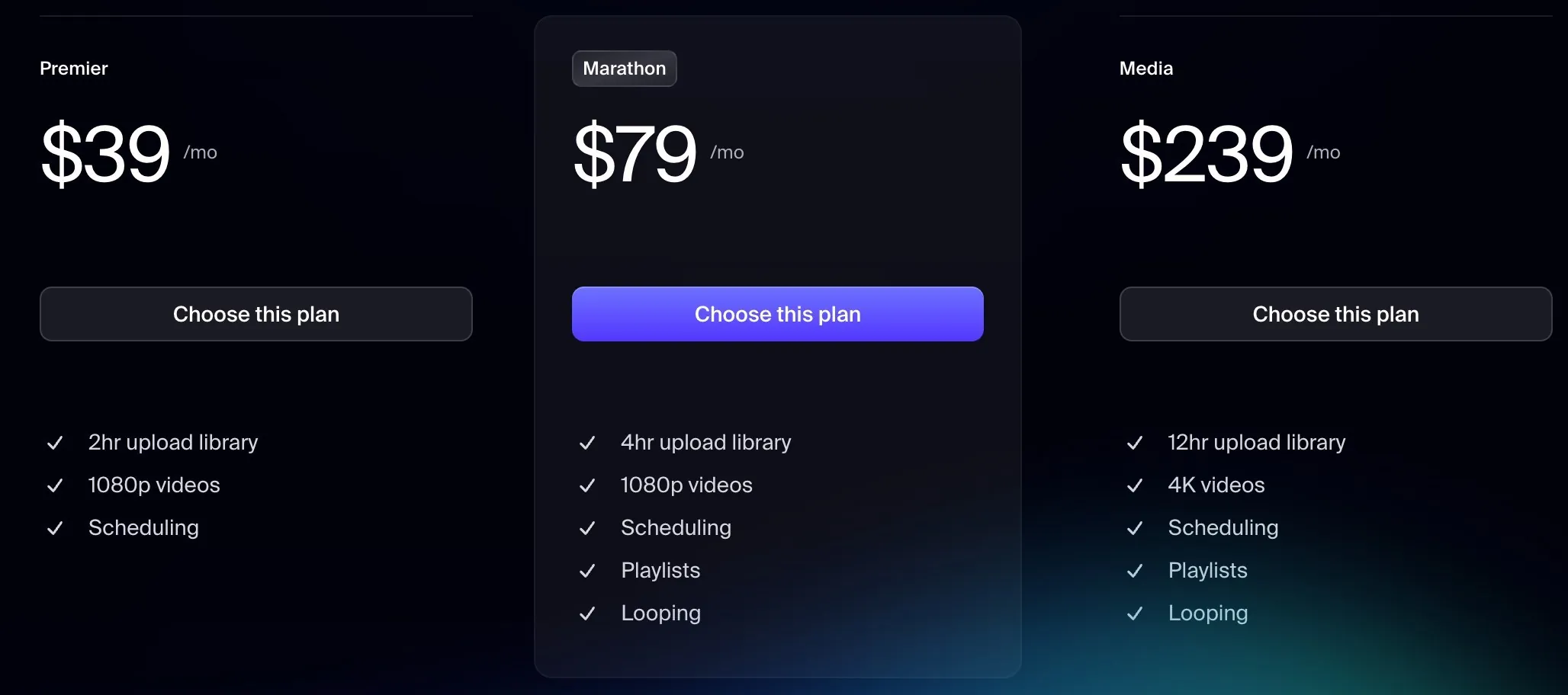 Restream Upload and Stream pricing shows Premier $39, Marathon $79 and Media $239 per month.
