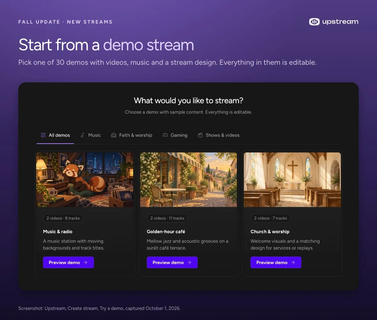 Upstream demo gallery with Music and radio, Golden hour café and Church and worship demos