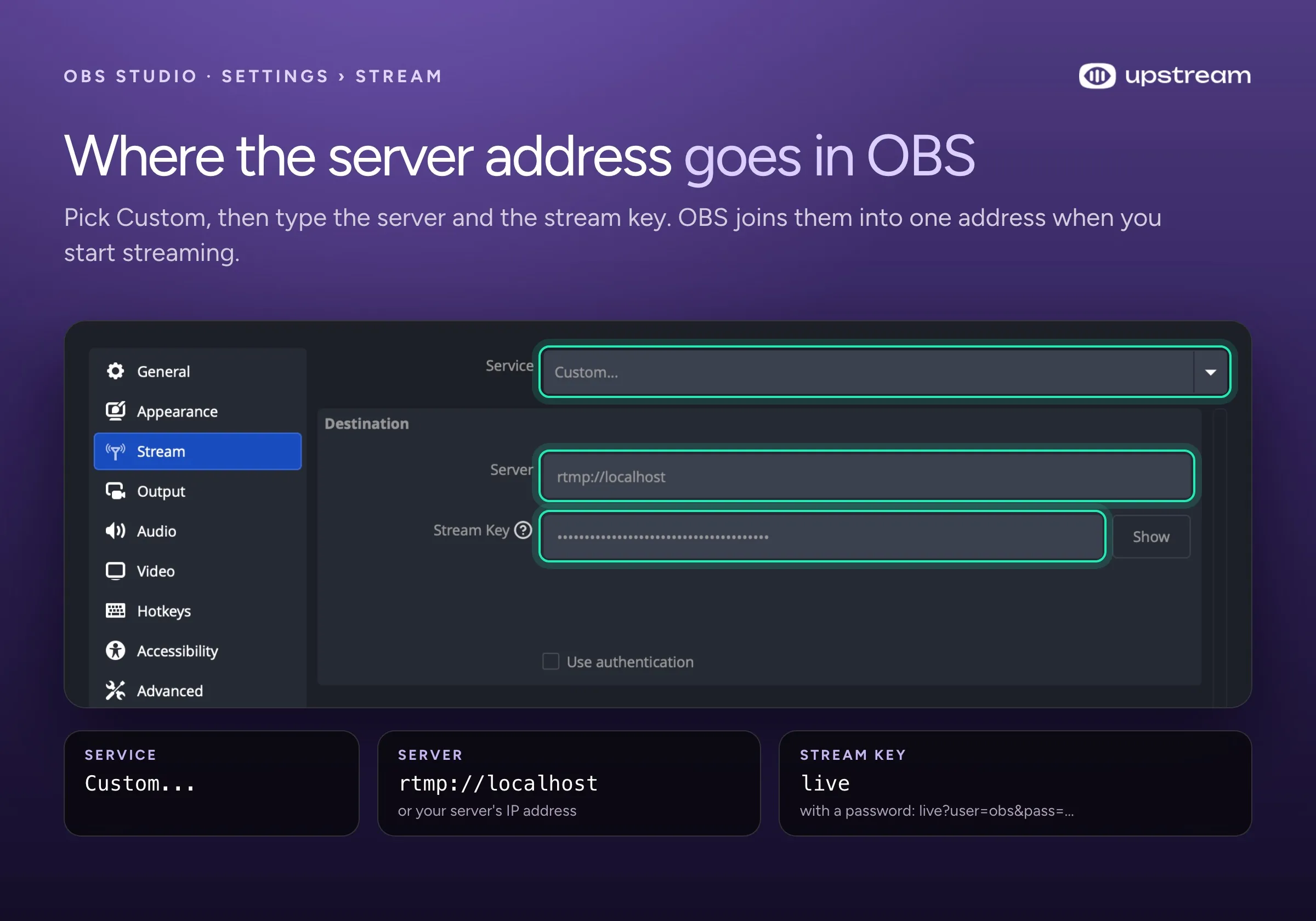 OBS Settings, Stream page: Service set to Custom, Server rtmp://localhost and the stream key field highlighted.