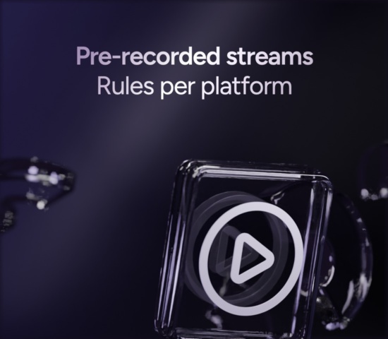 Glass pane with a play icon on a dark grape background, titled Pre recorded streams, Rules per platform