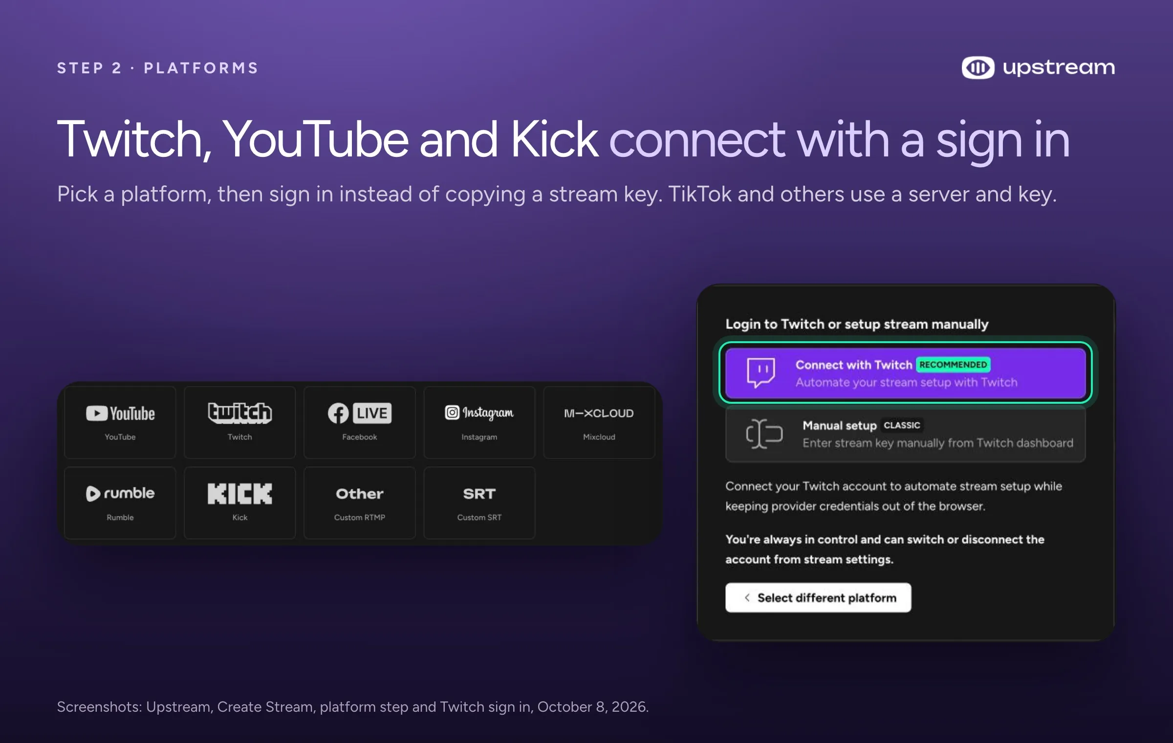 Upstream's platform step with Twitch, YouTube, Kick and other platforms, next to the Connect with Twitch sign in that replaces copying a stream key