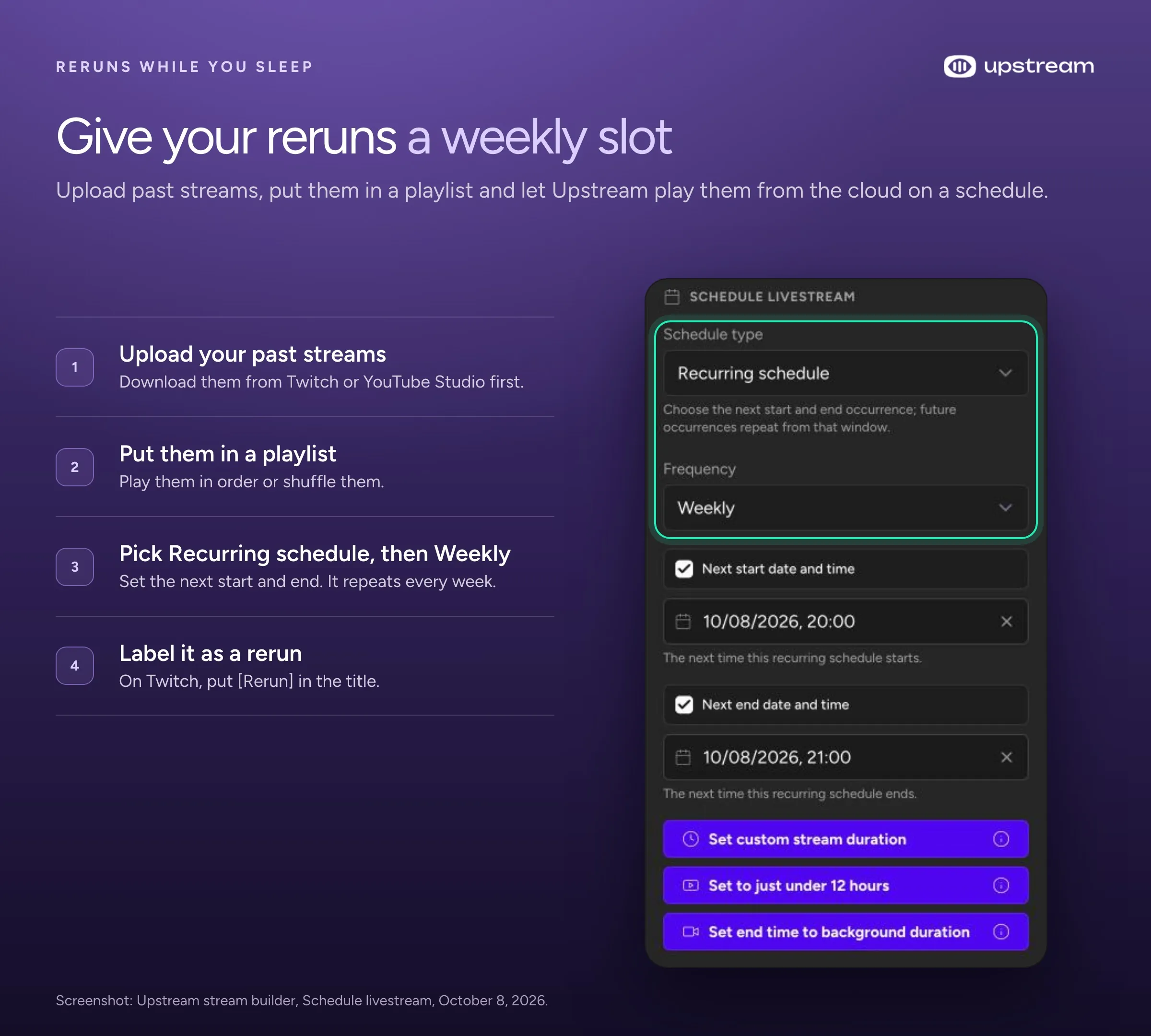 Four steps to schedule reruns in Upstream next to its Schedule livestream panel, set to a recurring schedule that repeats weekly