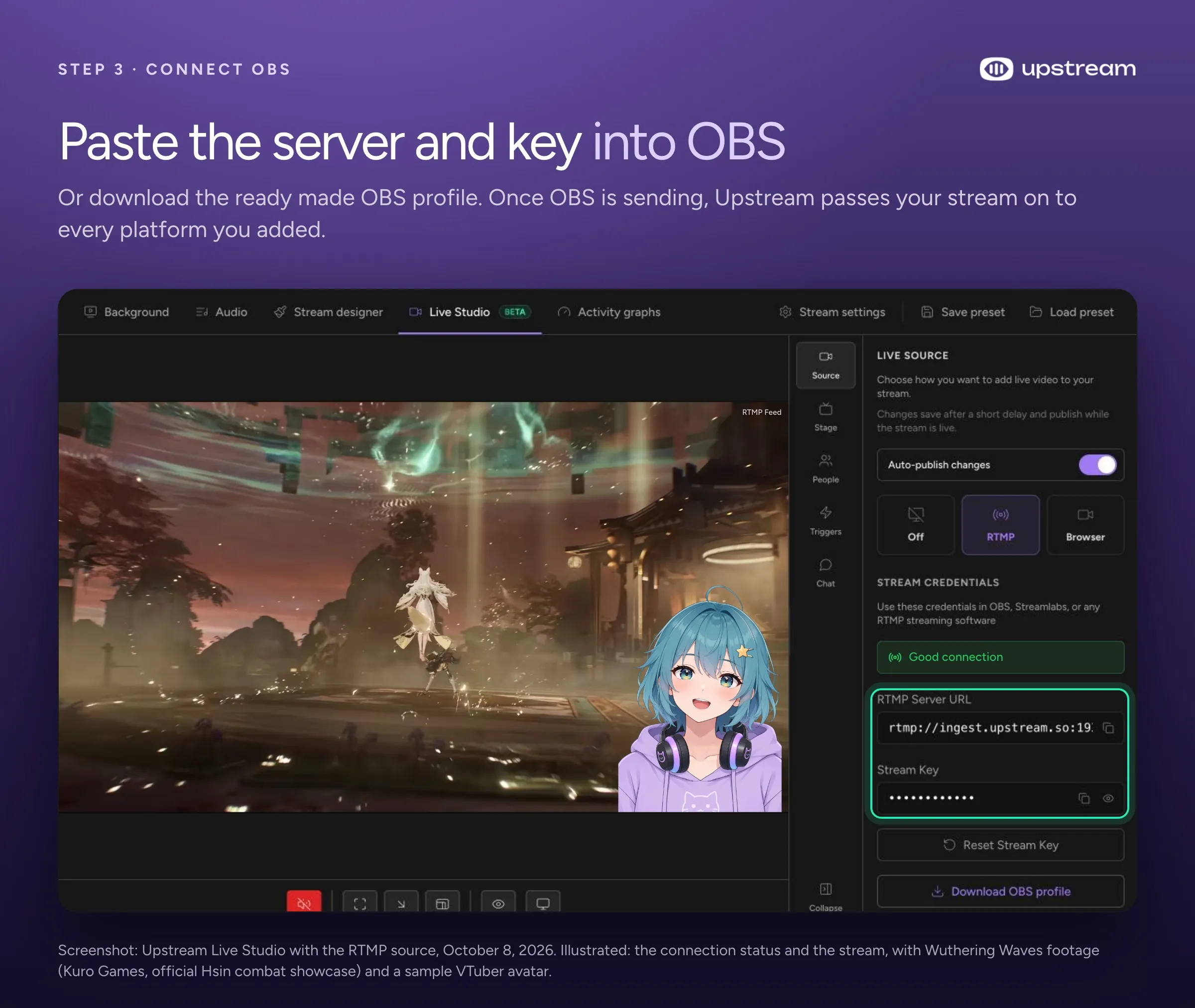 Upstream Live Studio with the RTMP source selected: a VTuber stream in the preview, a Good connection status, and the RTMP server URL and stream key to paste into OBS