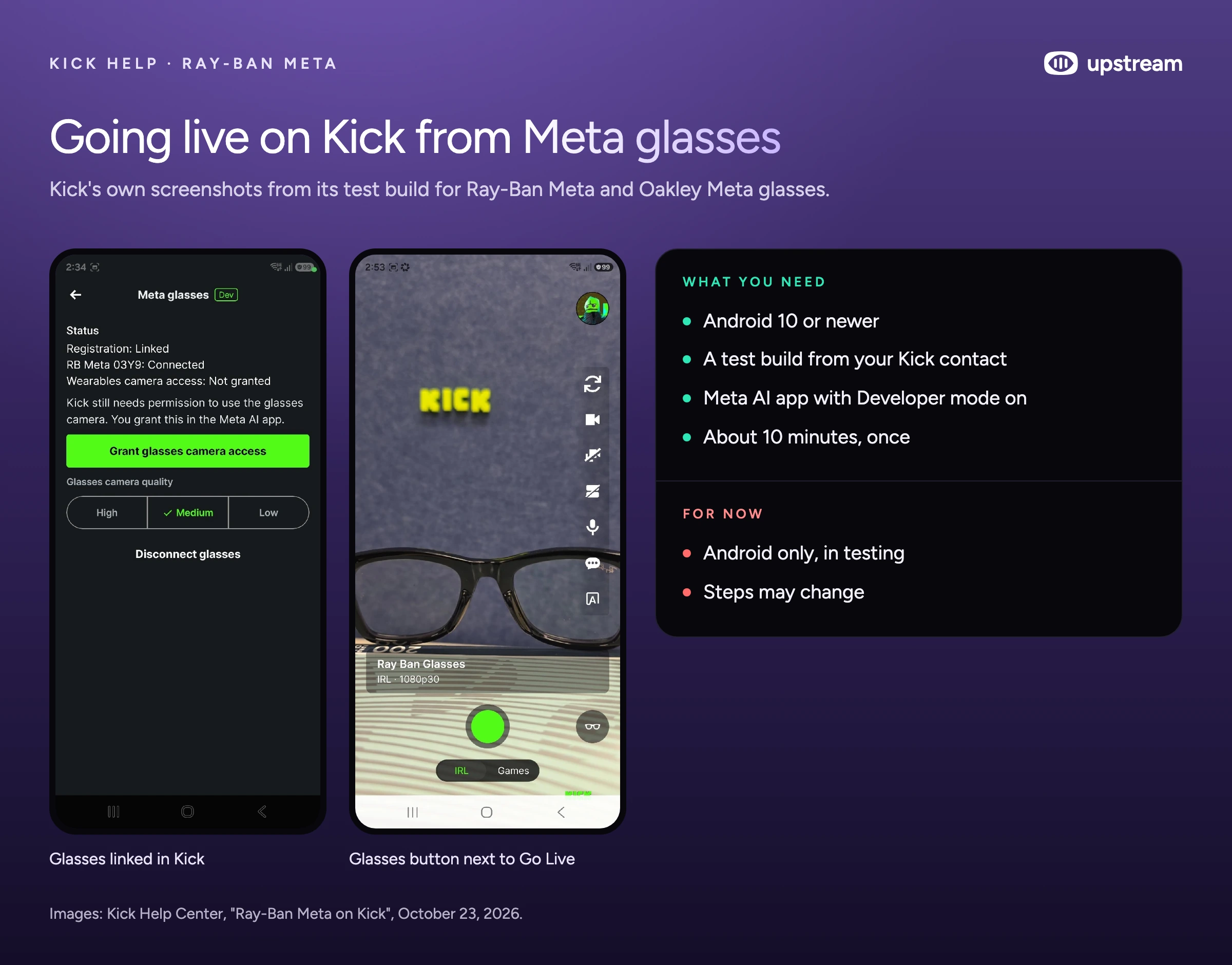 Kick's own screenshots: the Meta glasses screen showing the glasses linked, and the glasses button next to Go Live