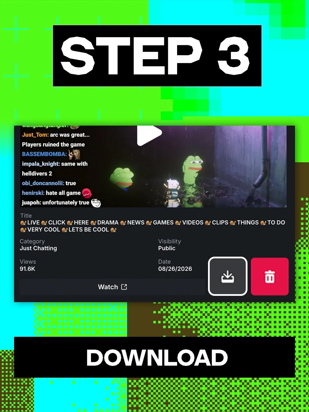 Kick step 3: click the download button on a VOD