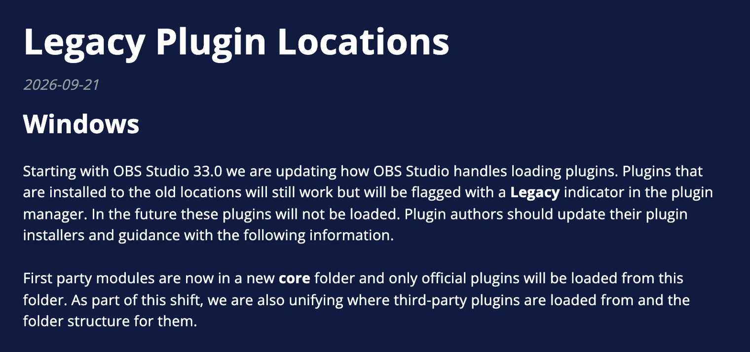OBS Knowledge Base article Legacy Plugin Locations, explaining that plugins in old locations get a Legacy tag in OBS 33