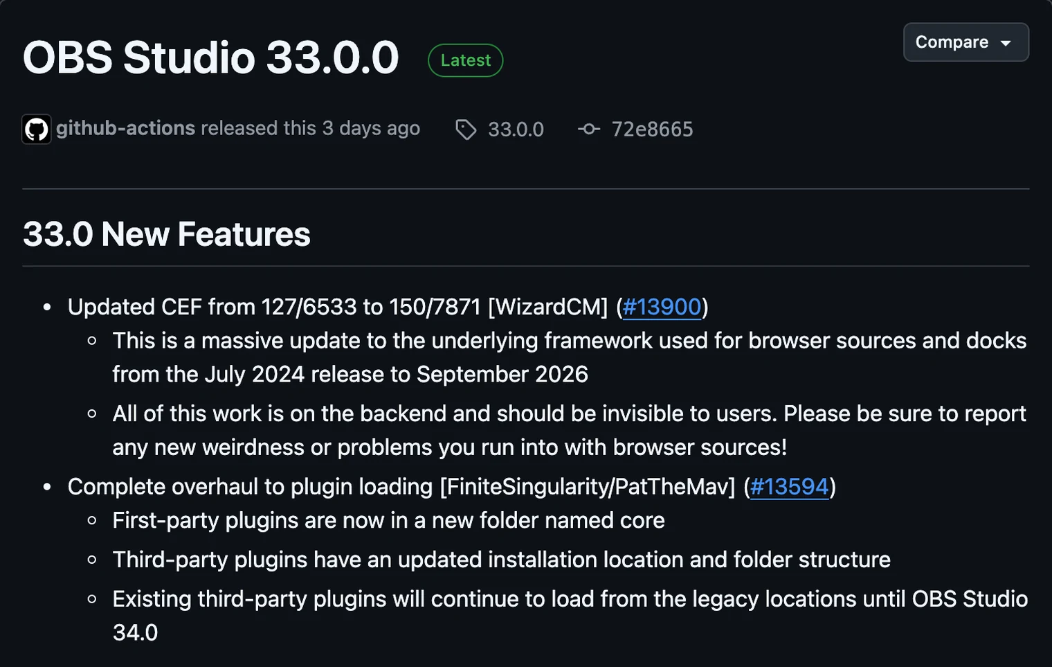 OBS Studio 33.0.0 release on GitHub marked Latest, with the CEF update and plugin loading changes at the top of the notes