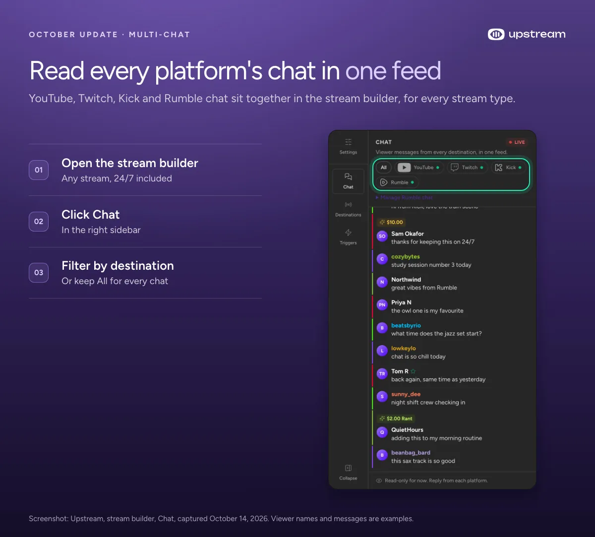 Upstream stream builder Chat panel with YouTube, Twitch, Kick and Rumble messages in one feed and a filter per destination