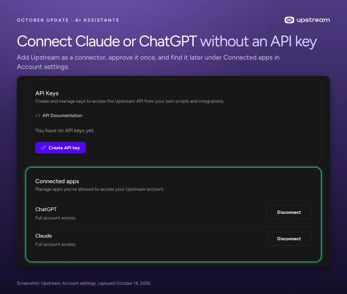Upstream Account settings with Claude and ChatGPT listed under Connected apps