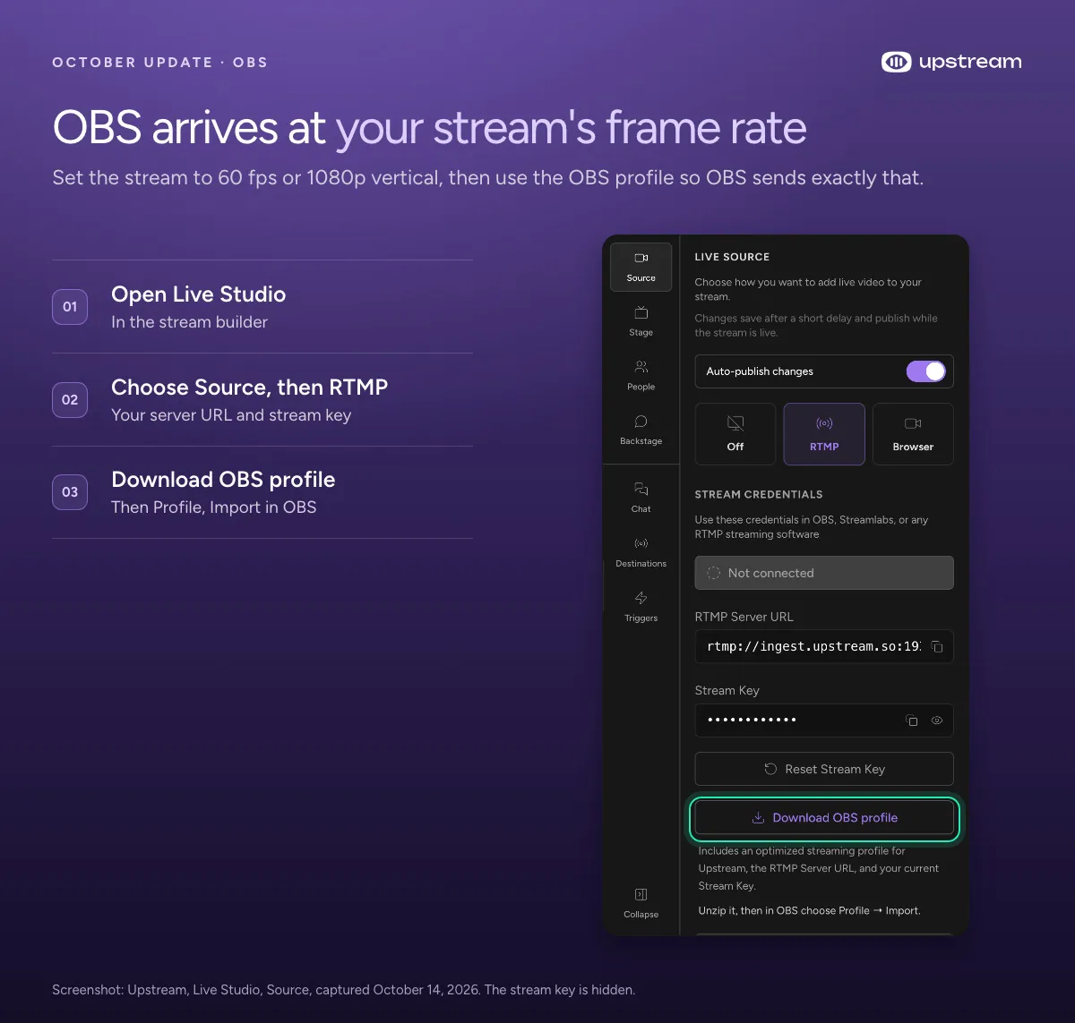 Upstream Live Studio Source panel set to RTMP with the Download OBS profile button highlighted