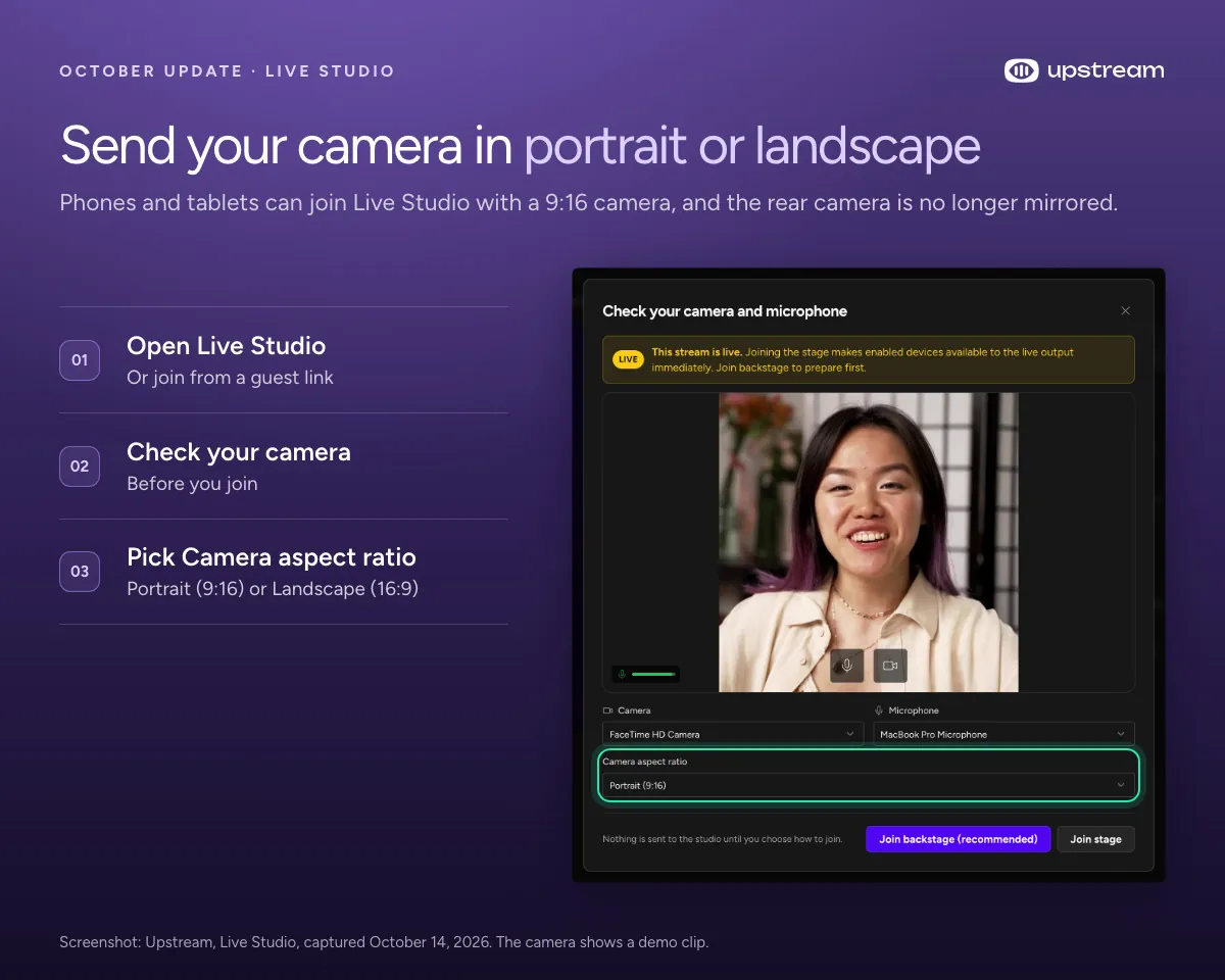 Upstream Live Studio camera check with Camera aspect ratio set to Portrait (9:16)
