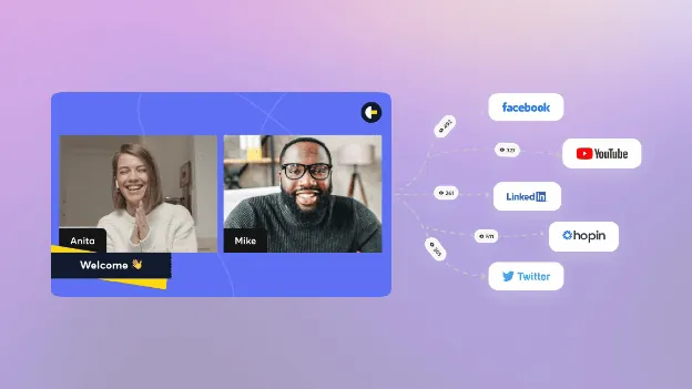 StreamYard browser studio sending a live show to multiple platforms