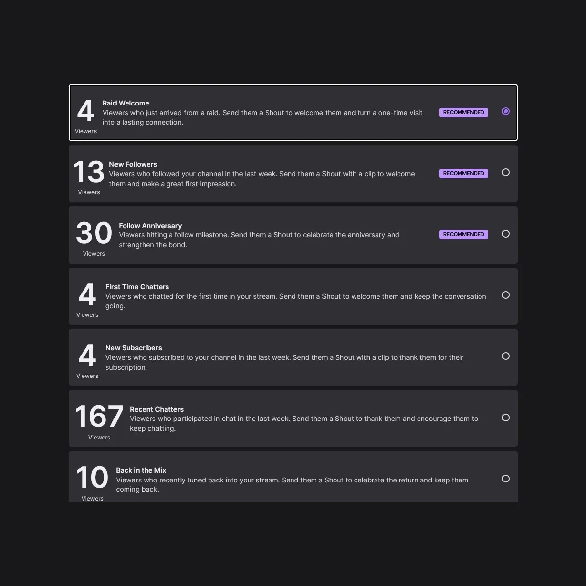 Twitch Streamer Shouts viewer groups such as Raid Welcome, New Followers, Follow Anniversary and First Time Chatters