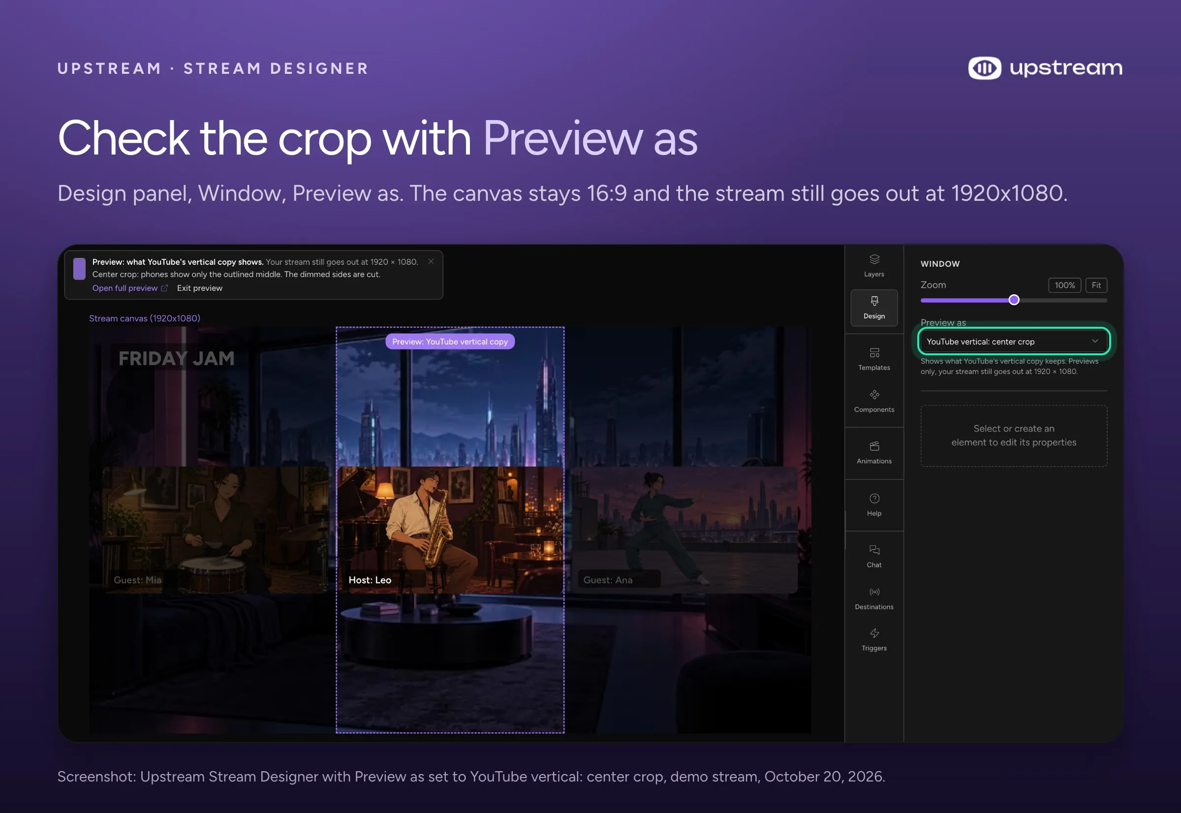 Upstream Stream Designer with Preview as set to YouTube vertical: center crop, showing the kept middle of a 16:9 stream