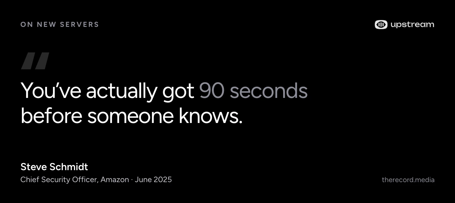 Quote card: Steve Schmidt, Chief Security Officer at Amazon, says you have about 90 seconds before someone knows a new server is online.