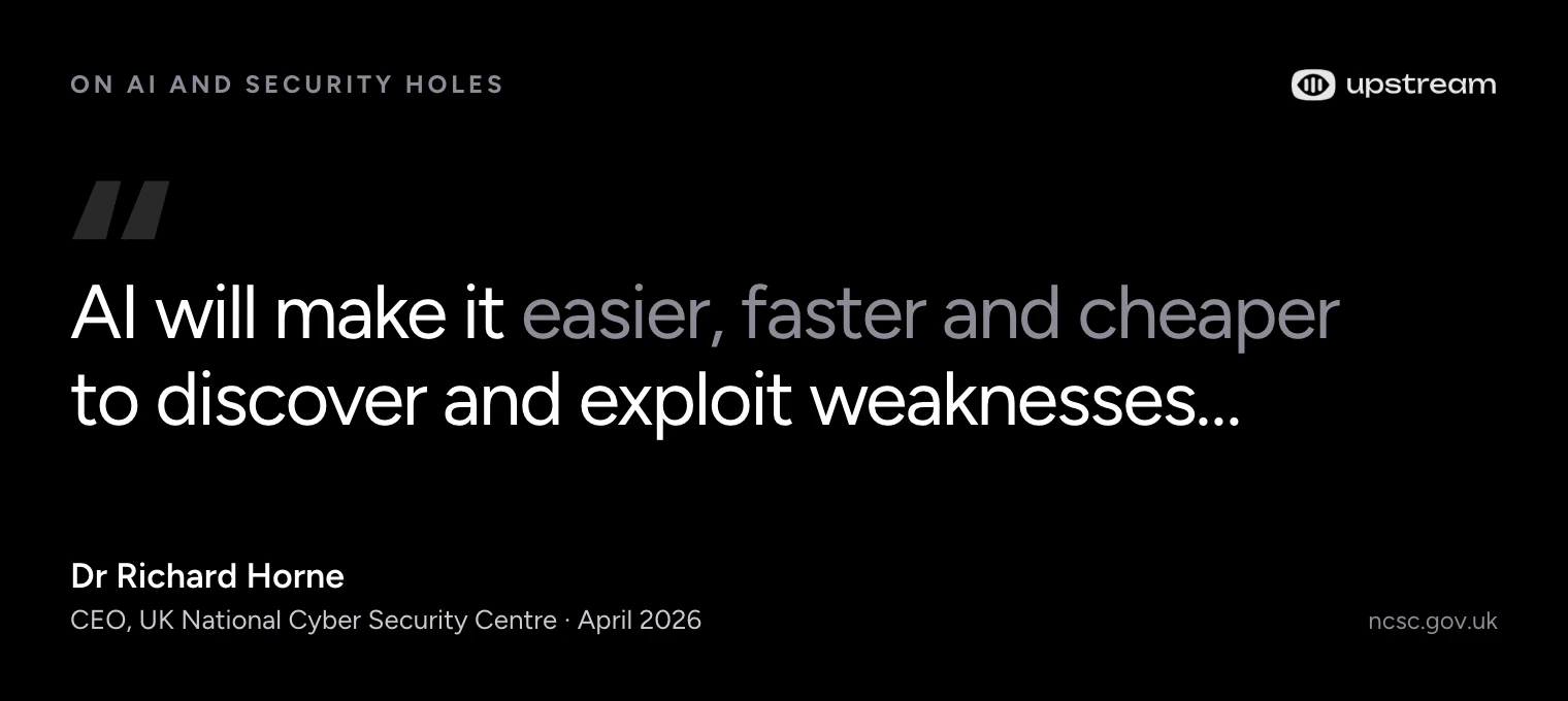 Quote card: Dr Richard Horne, CEO of the UK National Cyber Security Centre, says AI will make it easier, faster and cheaper to discover and exploit weaknesses.