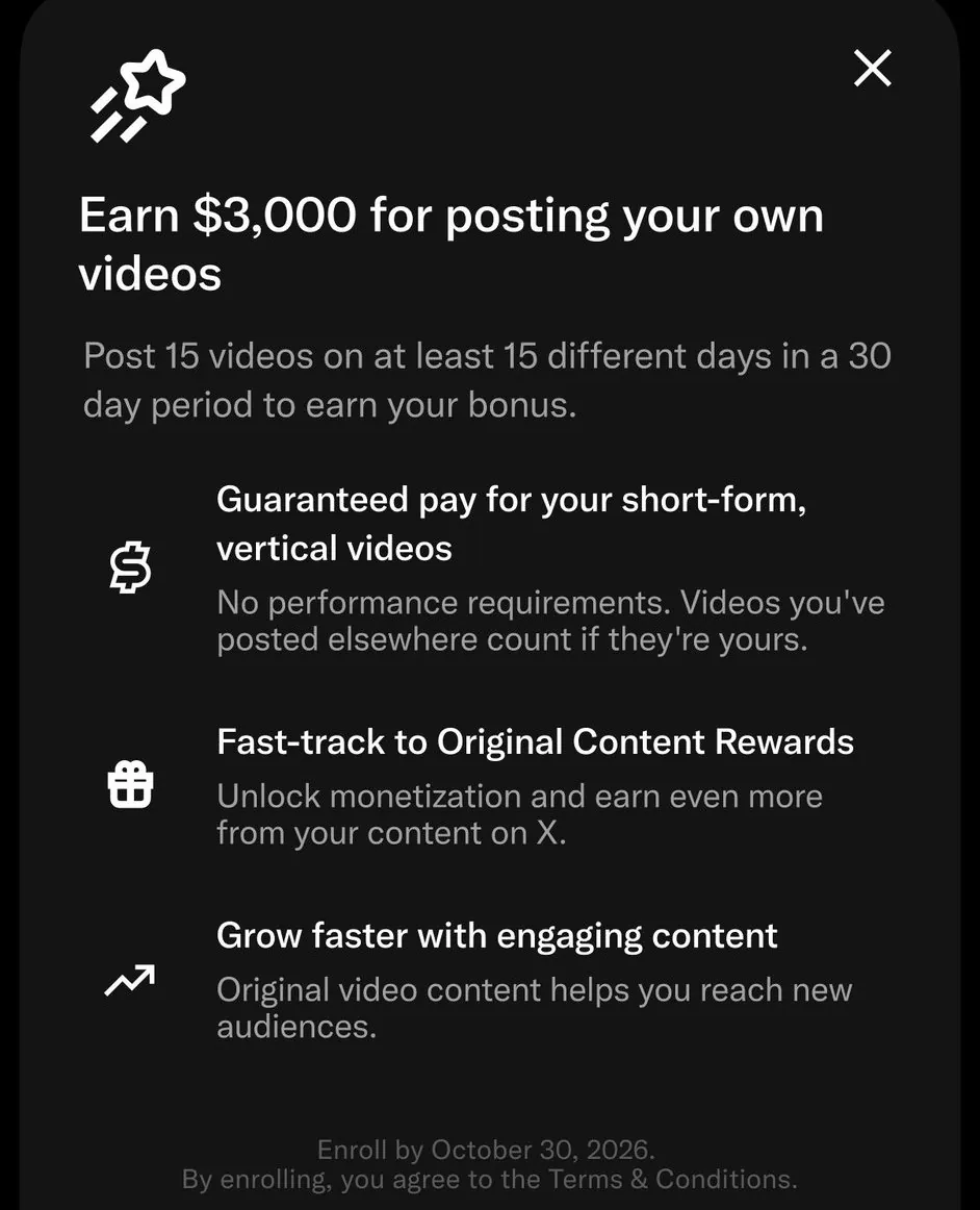 X Creator Studio Video Kickstart Bonus screen offering $3000 for 15 videos posted on 15 different days in 30 days