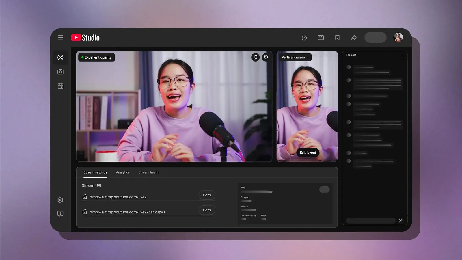 YouTube Studio Live Control Room with a horizontal preview and a vertical canvas preview side by side