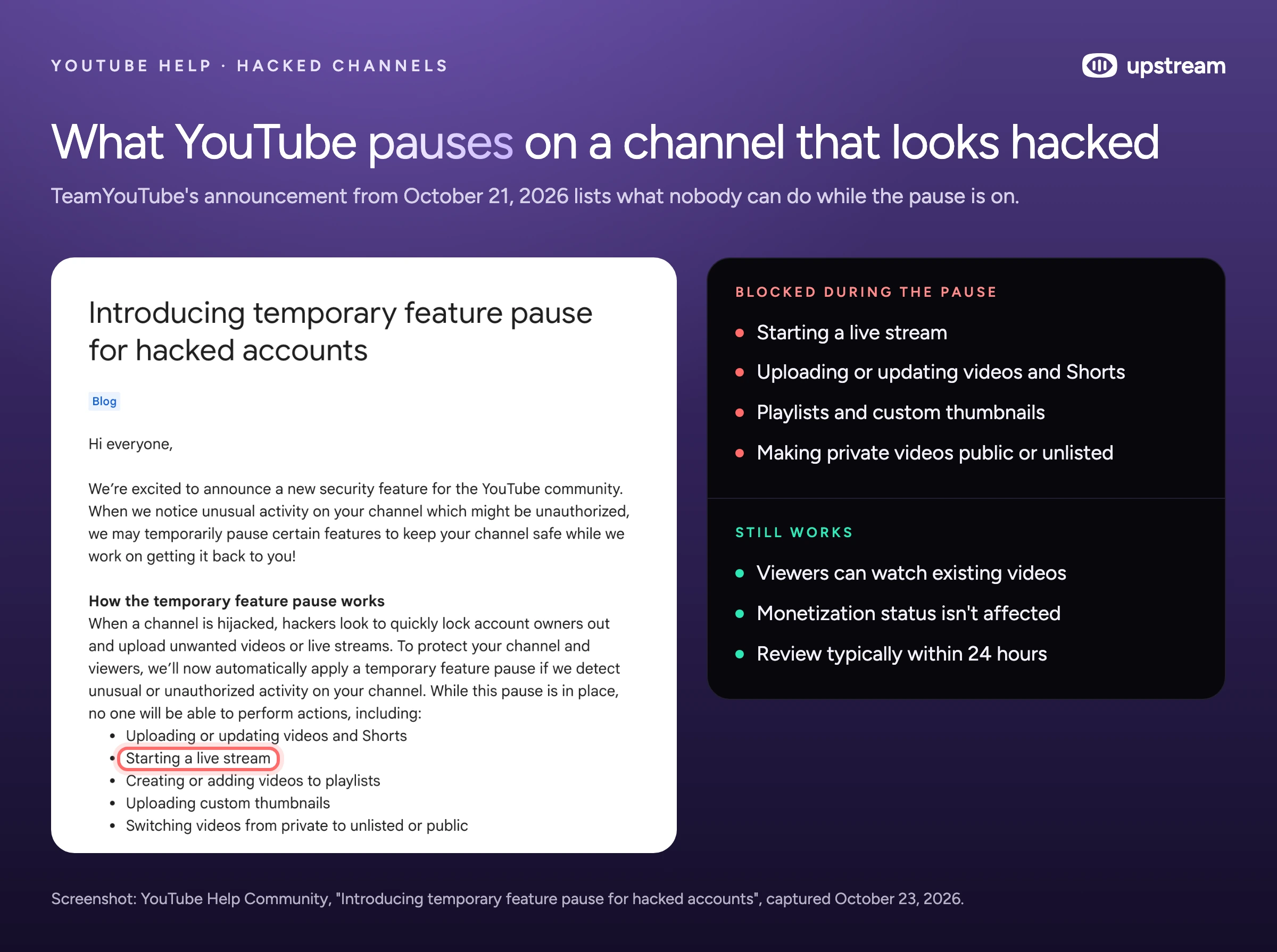 TeamYouTube's announcement of the temporary feature pause, with Starting a live stream highlighted in the list of blocked actions