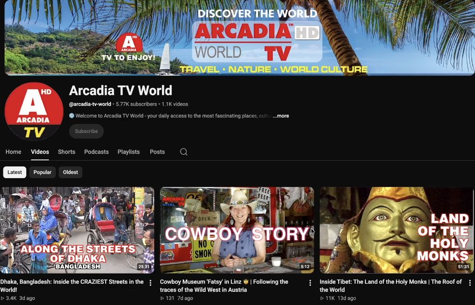Arcadia TV World's channel page showing travel and culture videos.