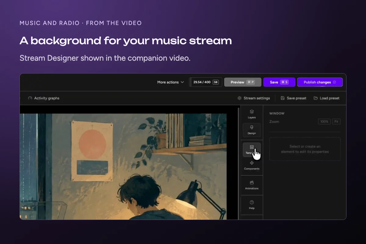 Upstream Stream Designer showing a background scene for a music stream.