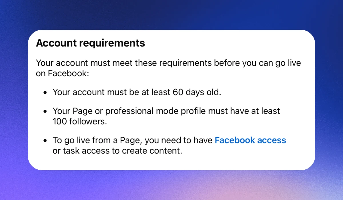 Facebook Help requirements for live streaming