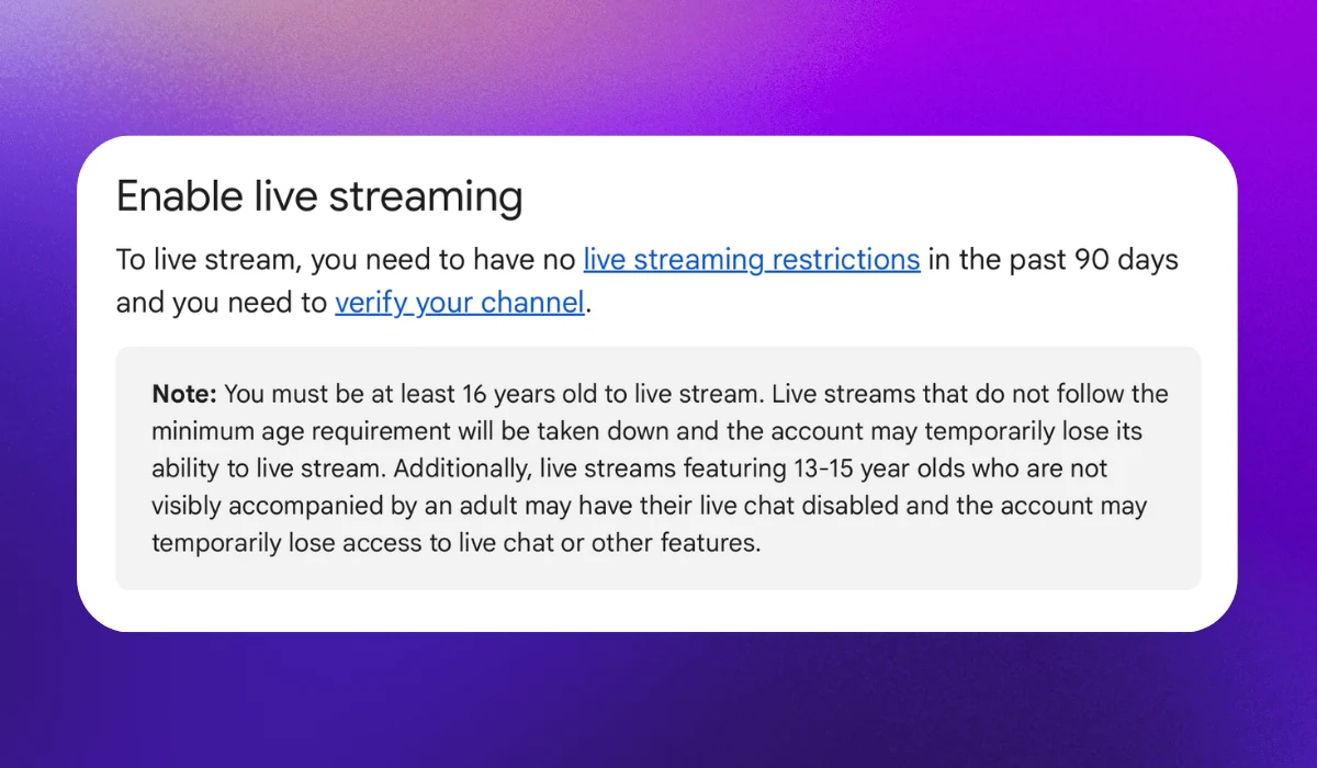 YouTube Help requirements for enabling live streaming